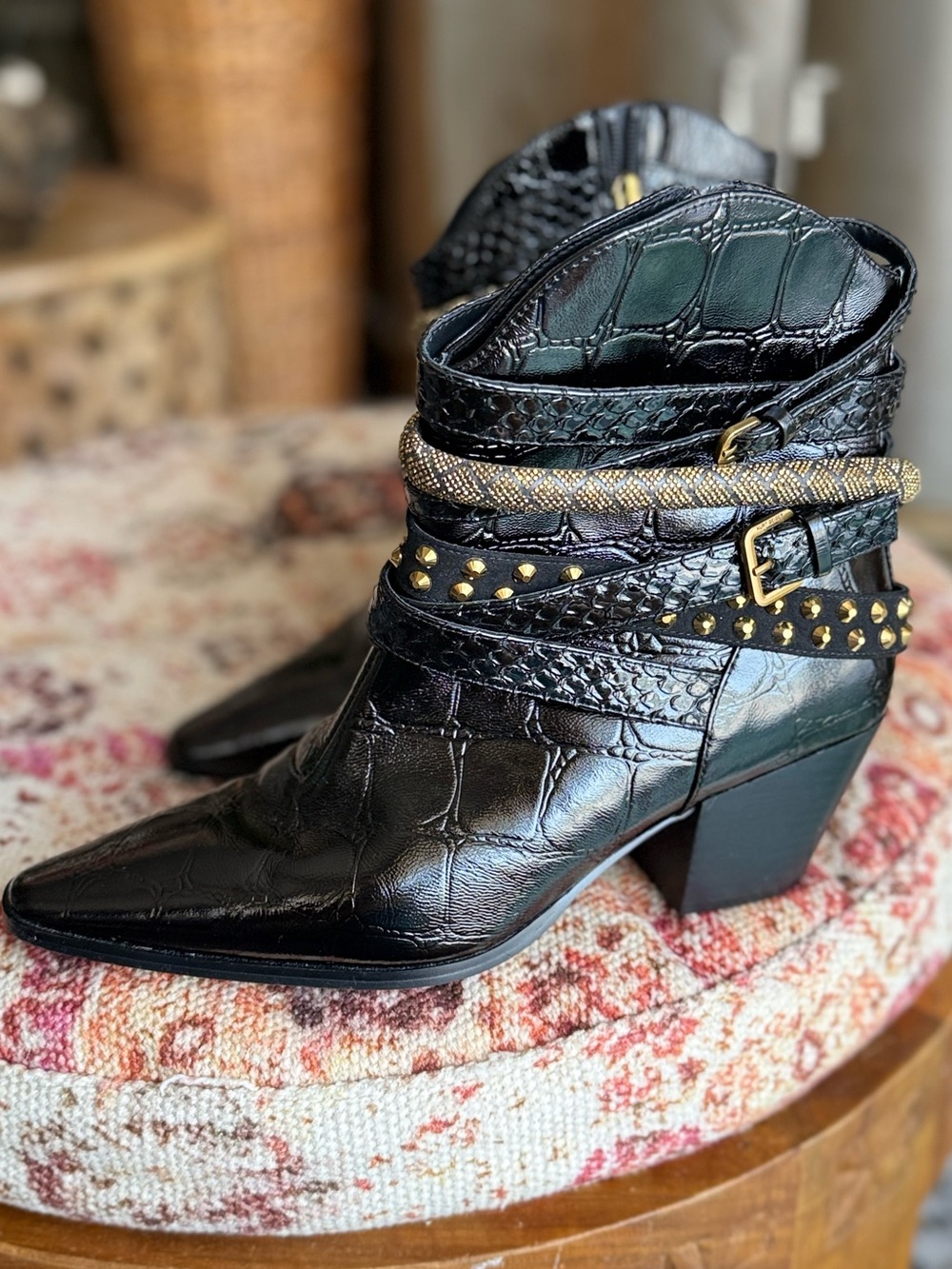 KURT GEIGER BLACK Croc-Embossed Pointed Ankle Booties gold accents western shoes - Picture 5 of 14